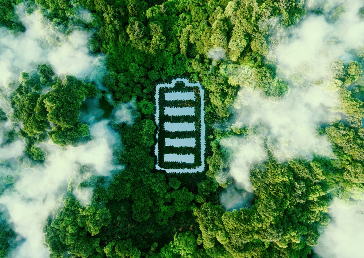 Concept depicting new possibilities for the development of ecological battery technologies and green energy storage in the form of a battery-shaped pond located in a lush forest. 3d rendering.
